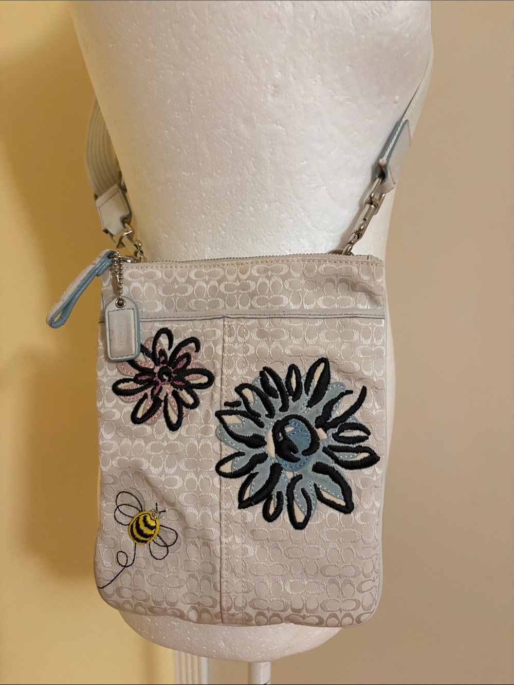 Coach Beige Signature Floral Appliqué Crossbody with Blue and Pink Accents